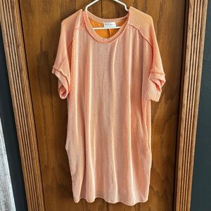 Lovely Melody Peach Short-Sleeve Knit Tunic MIDI Dress Pockets Orange